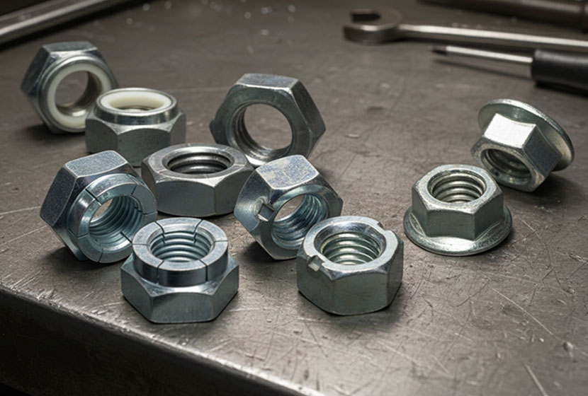 Prevailing torque locknuts on metal work bench.
