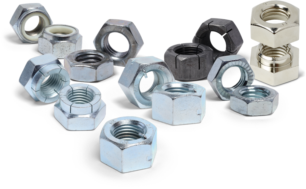 A grouping of hex lock nuts, various types and finishes.