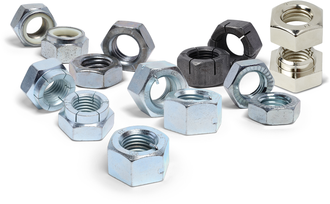 A grouping of hex lock nuts, various types and finishes.