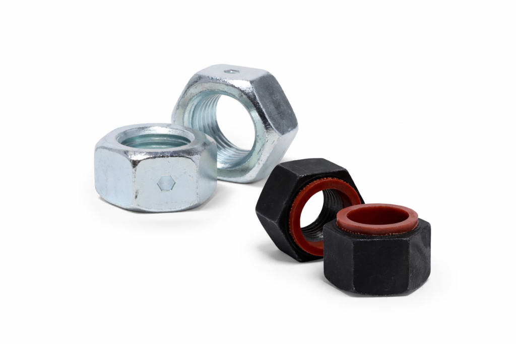A grouping of locknuts depicting all-metal locknuts and nylon-insert locknuts from Lok-Mor.